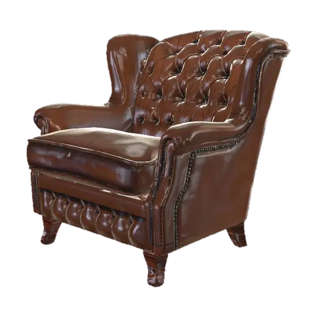 3D model for A single photorealistic industrial wingback armchair, classic Chesterfield style, designed for a cozy loft interior. The chair features deep tufted upholstery and a curved, ergonomic silhouette. The backrest and wings are designed with a low-profile height to ensure a completely unobstructed 360-degree view of the room. Robust construction with thick, comfortable cushions. The base is supported by short, dark carved wooden legs. High-quality organic shapes with realistic folds in the material. Symmetrical and perfectly balanced design, optimized for real-time rendering in Unity. No walls, no roof, completely open design. A premium 3D environment asset for an immersive VR experience, isolated on a solid black background, 8k detail level.