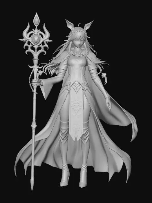 3D model for anime gothic sorceress warrior, athletic slim female build, narrow waist, medium hips, large bust, toned legs, full body A-pose, arms 30-45 degrees from body, clean silhouette, high detail cloth fantasy outfit with low v cut neck and mini-skirt ending above thighs, no cloaks,  no coat tails, no skirt tails, no panels covering backside.