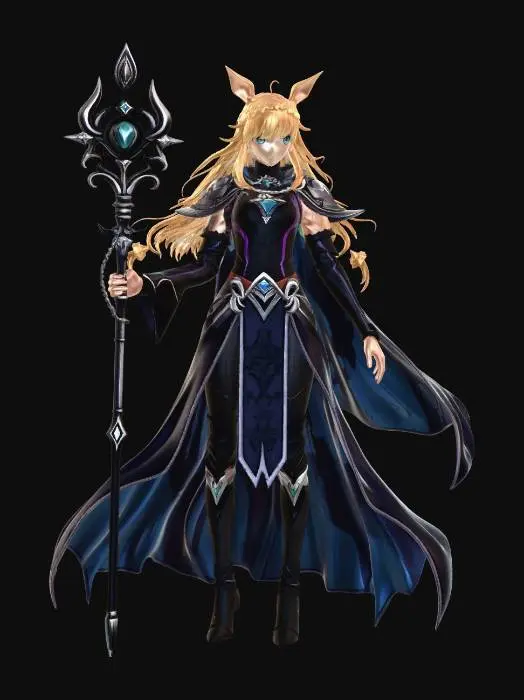 3D model for anime gothic sorceress warrior, athletic slim female build, narrow waist, medium hips, large bust, toned legs, full body A-pose, arms 30-45 degrees from body, clean silhouette, high detail cloth fantasy outfit with low v cut neck and mini-skirt ending above thighs, no cloaks,  no coat tails, no skirt tails, no panels covering backside.