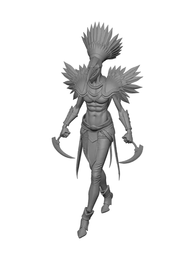 3D model for Tall and thin character wearing bird skull helmet, tribal metal armor with feathers and bones, curved bone daggers, red war paint, agile pose, asymmetrical armor design