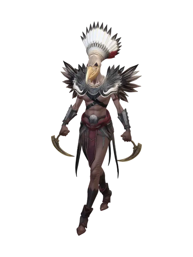 3D model for Tall and thin character wearing bird skull helmet, tribal metal armor with feathers and bones, curved bone daggers, red war paint, agile pose, asymmetrical armor design