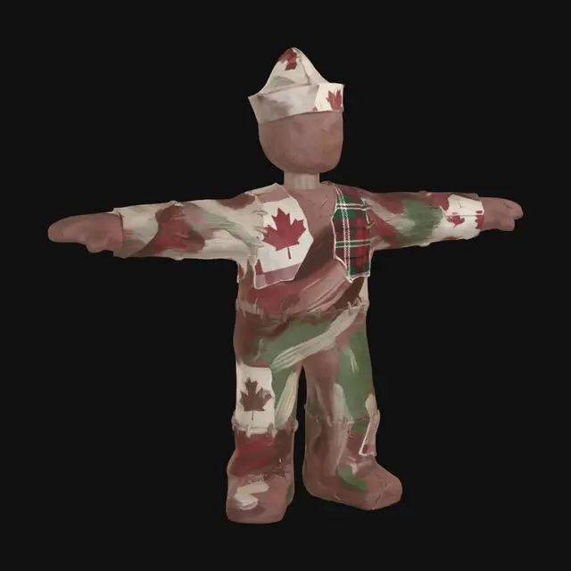 3D model for A handcrafted simplified human from canada, imperfect textures, made of clay, paper, wood, visible brush strokes and handmade seams, realistic lighting with soft shadows, highly detailed, photorealistic photography, centered composition,