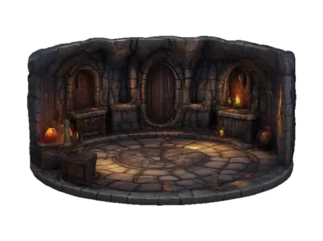 ultra detailed magic dungeon room, game style, enhanced and vivid colors 3D model, vytvořený pomocí AI