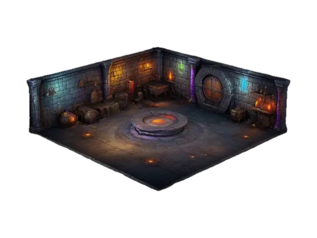 ultra detailed magic dungeon room, game style, enhanced and vivid colors 3D model, vytvořený pomocí AI