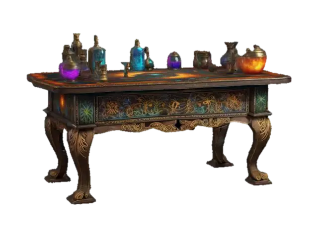 ultra detailed decorated magic strange table, game style, enhanced colors 3D model, vytvořený pomocí AI