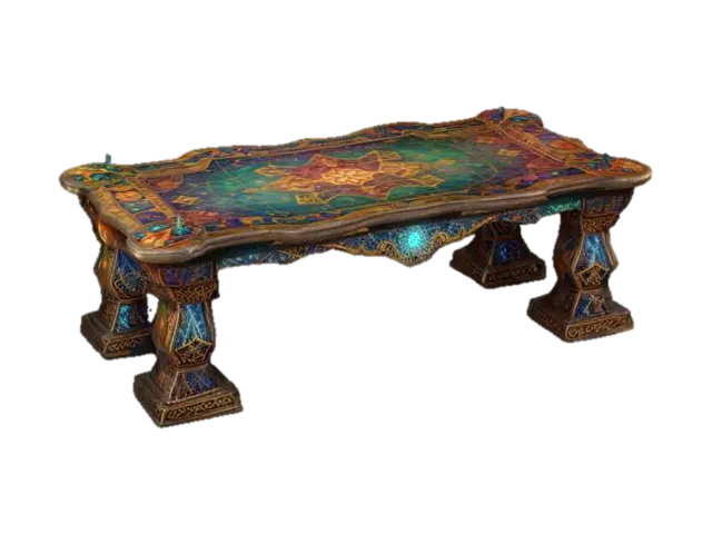 ultra detailed decorated magic strange table, game style, enhanced colors 3D model, vytvořený pomocí AI