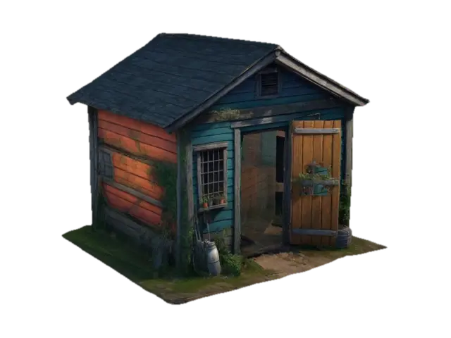 ultra detailed isometric old garden shed, game style, 4k, enhanced colors 3D model, vytvořený pomocí AI