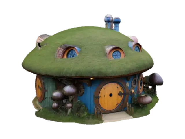 whimsical hobbit-style amusement attraction - Entertainment 3D model, vytvořený pomocí AI