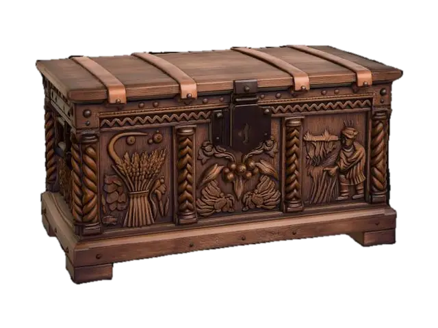 Ornate Carved Wooden Treasure Chest - Loot 3D model, vytvořený pomocí AI