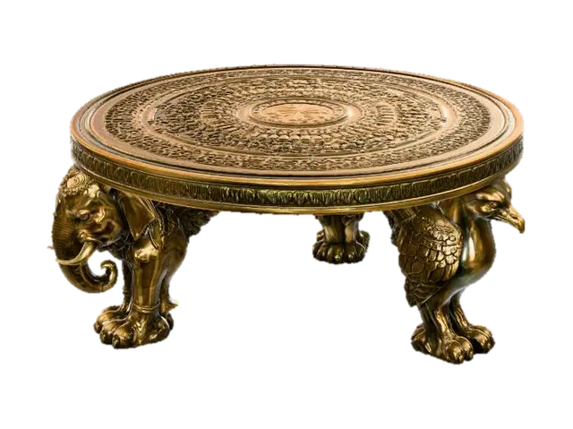 Elephant and Peacock Round Table 3D model, vytvořený pomocí AI