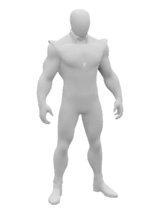 3D model for humanoid figure clad in a form-fitting green suit with angular, metallic gold accents and a glossy texture