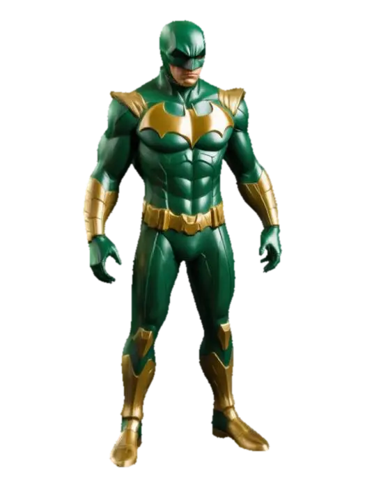 3D model for humanoid figure clad in a form-fitting green suit with angular, metallic gold accents and a glossy texture