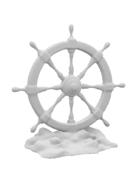 3D model for large, circular, rustic ship's wheel with a symmetrical spoke design and a weathered, metallic texture, set on a rocky base.