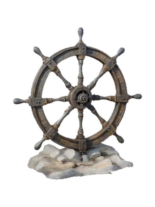3D model for large, circular, rustic ship's wheel with a symmetrical spoke design and a weathered, metallic texture, set on a rocky base.
