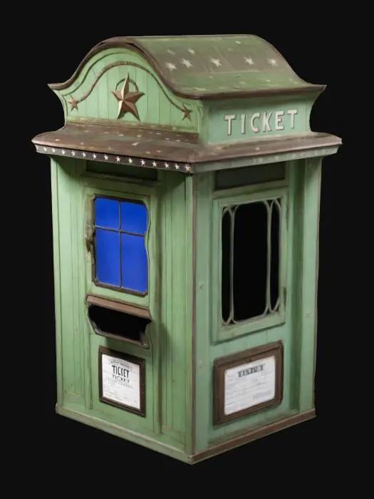3D model for vintage-style, rectangular ticket booth with a curved, decorative top, barred window opening, and a light green, weathered wooden texture featuring stars and a price label.