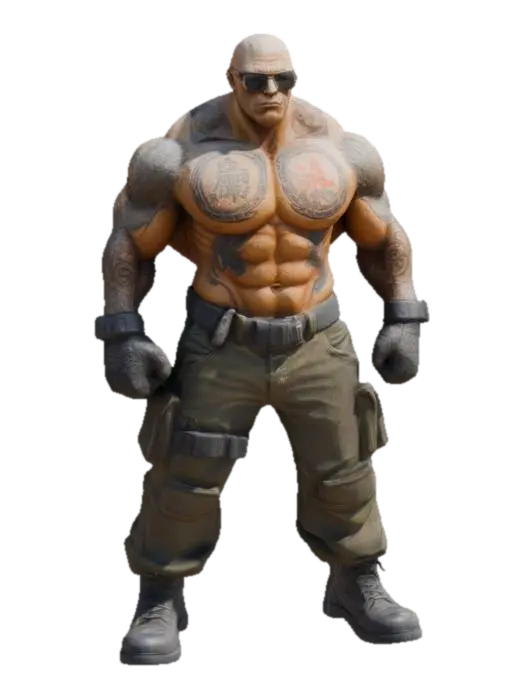 muscular, humanoid form with a bald head, wearing sunglasses, combat gear… 3D model, vytvořený pomocí AI