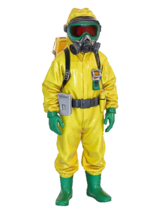 “A contamination-zone scientist wearing a yellow protective suit with reinforced… 3D model, vytvořený pomocí AI