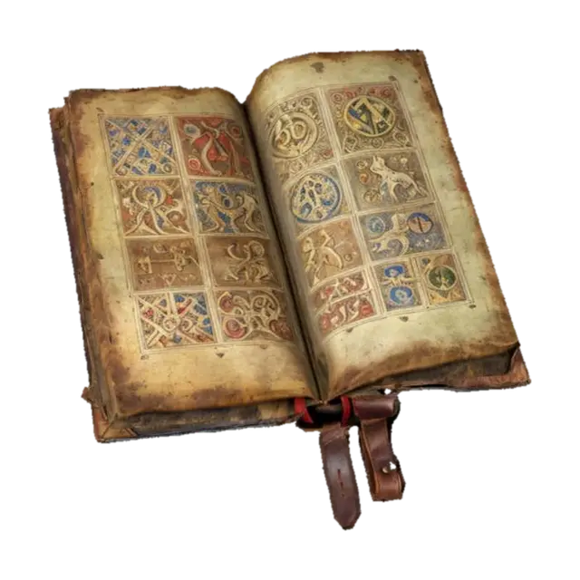 Modèle 3D ultra detailed old medieval open book with medieval images on pages, game style,… - History, généré par IA
