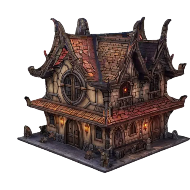 ultra detailed fantasy tavern building in castlevania style, game style, enhanced… 3D model, vytvořený pomocí AI