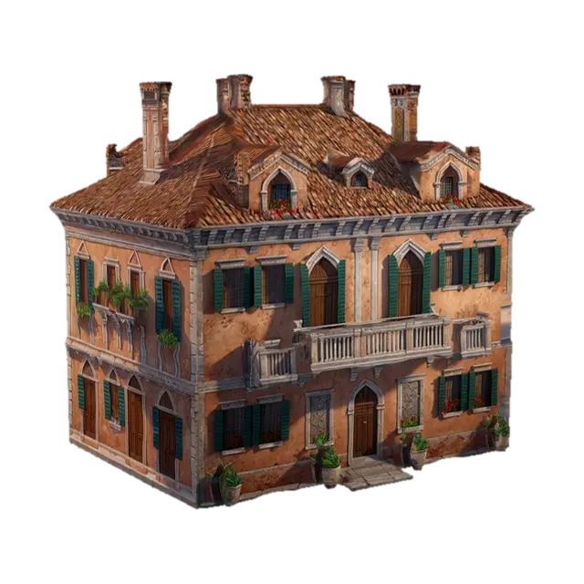 ultra detailed isometric old venetian house, game style, 4k, enhanced colors 3D model, vytvořený pomocí AI