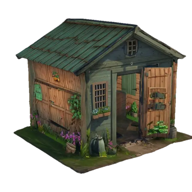 ultra detailed isometric old garden shed, game style, 4k, enhanced colors 3D model, vytvořený pomocí AI