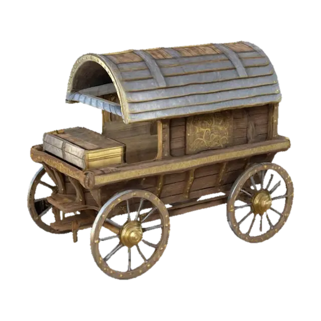 ultra detailed fantasy rustic, wooden cart with a rectangular cabin, ridged decorated… 3D model, vytvořený pomocí AI