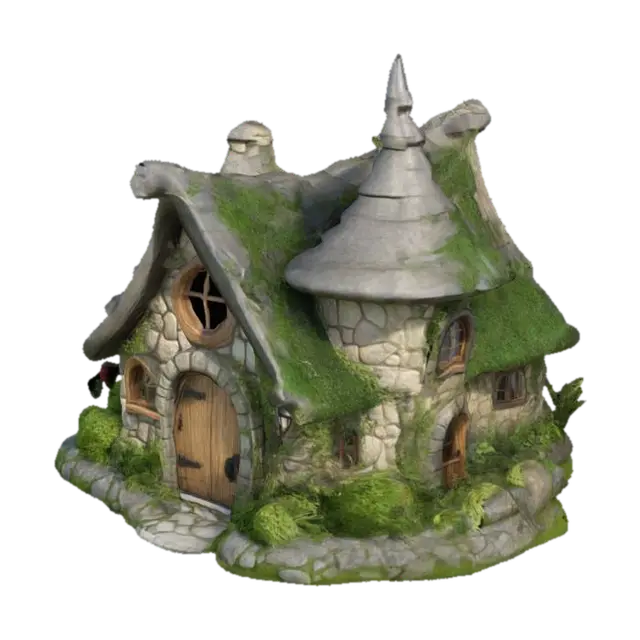 chibi charming, rustic cottage with a storybook appearance, featuring curved and… 3D model, vytvořený pomocí AI