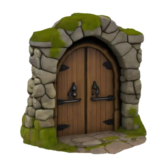 grey stone, light green stone and rustic wood dungeon entrance 3D model, vytvořený pomocí AI