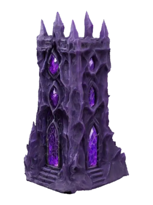 an underdark DROW elf crafted purple Crystal tower WALL, detailed with cobwebs 3D model, vytvořený pomocí AI