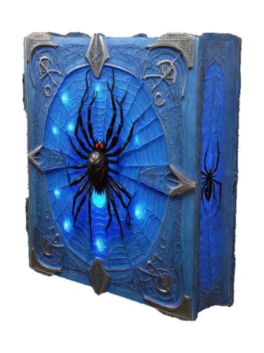 Design a large biomechanical DROW Book of spiders, blue glowing energy veins,… 3D model, vytvořený pomocí AI