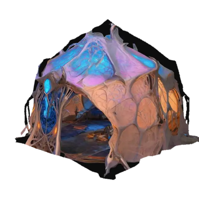 Design a biomechanical DROW style outdoor camping tent, with organic and mechanical… 3D model, vytvořený pomocí AI