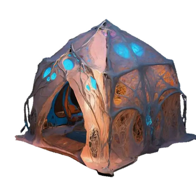Design a biomechanical DROW style outdoor camping tent, with organic and mechanical… 3D model, vytvořený pomocí AI