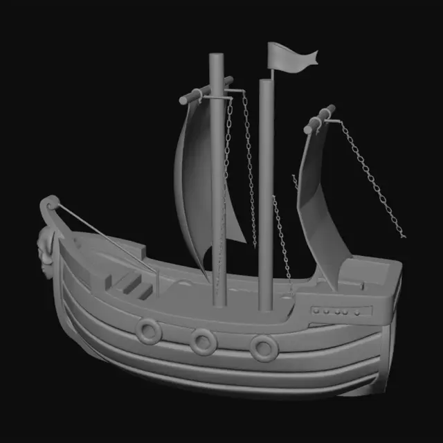 3D model for Stylized 3D asset of a fantasy pirate ship, chunky low-poly cartoon style, isolated game prop. The ship has a thick hull made of dark brown wooden planks with heavy iron bands and rivets, matching a treasure chest aesthetic. It features two stubby wooden masts with thick, stylized cream-colored sails gently billowing. A golden brass skull emblem is mounted on the bow, matching the lock of a chest. Clean solid geometry, exaggerated proportions, vibrant hand-painted texture style, RPG video game vehicle, isolated on a white background.