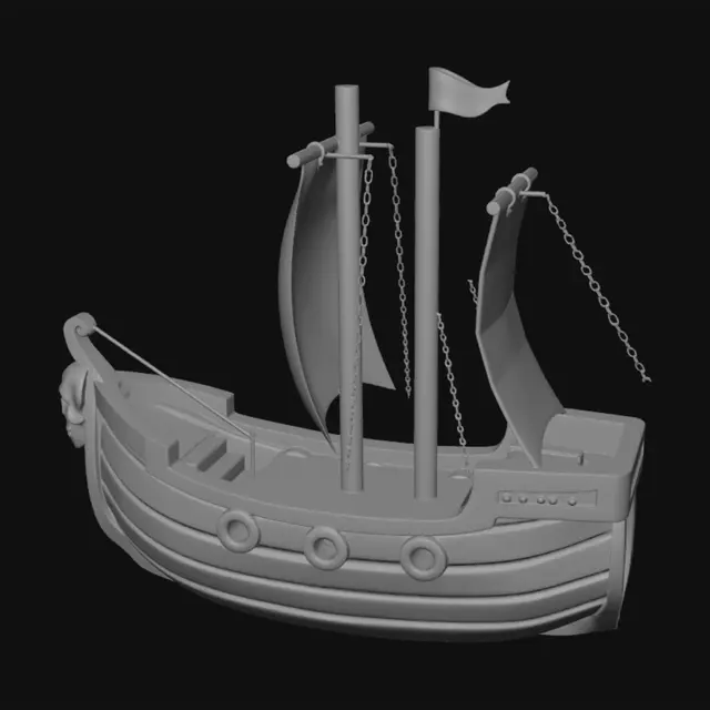 3D model for Stylized 3D asset of a fantasy pirate ship, chunky low-poly cartoon style, isolated game prop. The ship has a thick hull made of dark brown wooden planks with heavy iron bands and rivets, matching a treasure chest aesthetic. It features two stubby wooden masts with thick, stylized cream-colored sails gently billowing. A golden brass skull emblem is mounted on the bow, matching the lock of a chest. Clean solid geometry, exaggerated proportions, vibrant hand-painted texture style, RPG video game vehicle, isolated on a white background.