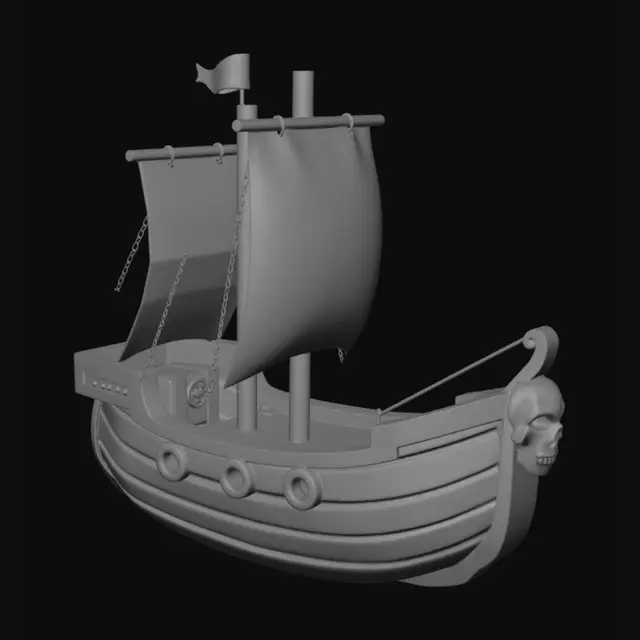 3D model for Stylized 3D asset of a fantasy pirate ship, chunky low-poly cartoon style, isolated game prop. The ship has a thick hull made of dark brown wooden planks with heavy iron bands and rivets, matching a treasure chest aesthetic. It features two stubby wooden masts with thick, stylized cream-colored sails gently billowing. A golden brass skull emblem is mounted on the bow, matching the lock of a chest. Clean solid geometry, exaggerated proportions, vibrant hand-painted texture style, RPG video game vehicle, isolated on a white background.