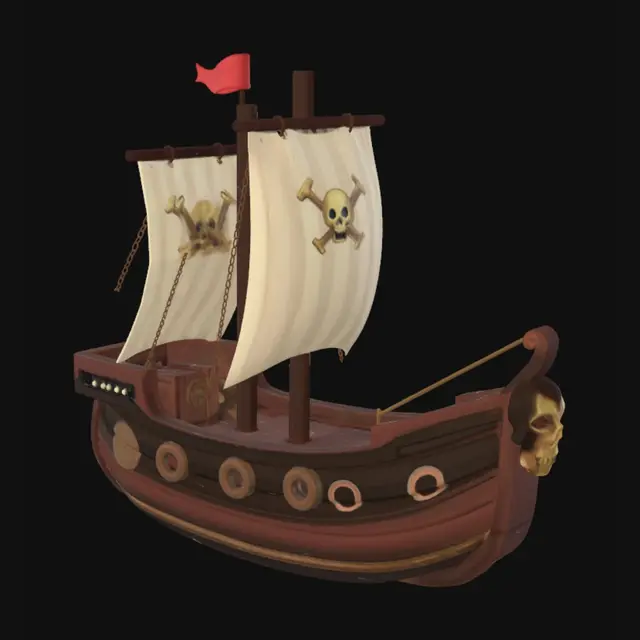 3D model for Stylized 3D asset of a fantasy pirate ship, chunky low-poly cartoon style, isolated game prop. The ship has a thick hull made of dark brown wooden planks with heavy iron bands and rivets, matching a treasure chest aesthetic. It features two stubby wooden masts with thick, stylized cream-colored sails gently billowing. A golden brass skull emblem is mounted on the bow, matching the lock of a chest. Clean solid geometry, exaggerated proportions, vibrant hand-painted texture style, RPG video game vehicle, isolated on a white background.