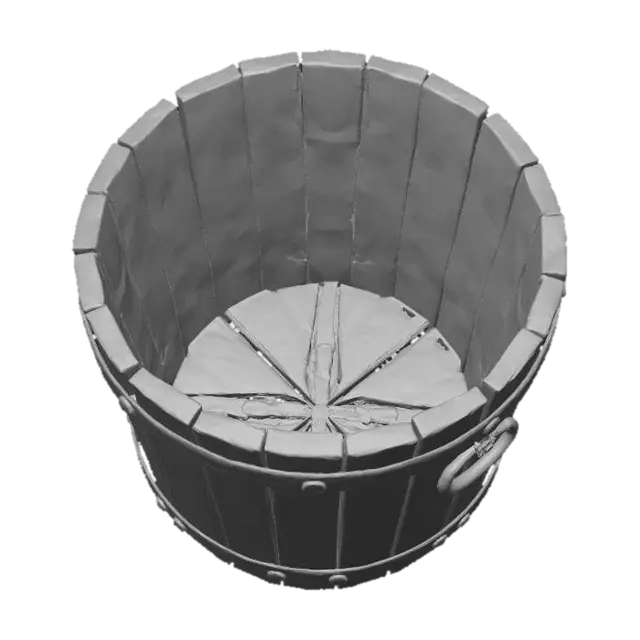 3D model for An old wooden bucket made of dark weathered planks, showing signs of age, cracks, and wear. The rim and base are reinforced with metal bands bearing rust and handmade nails. The handle is a sturdy wooden arch connected by metal rings, rough and realistic in texture. Medieval rustic style, realistic lighting, isolated on a plain white or light gray background, showcasing craftsmanship details, ultra-high-resolution 8K render.