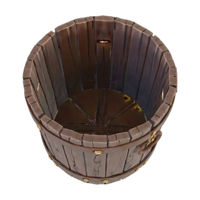 3D model for An old wooden bucket made of dark weathered planks, showing signs of age, cracks, and wear. The rim and base are reinforced with metal bands bearing rust and handmade nails. The handle is a sturdy wooden arch connected by metal rings, rough and realistic in texture. Medieval rustic style, realistic lighting, isolated on a plain white or light gray background, showcasing craftsmanship details, ultra-high-resolution 8K render.