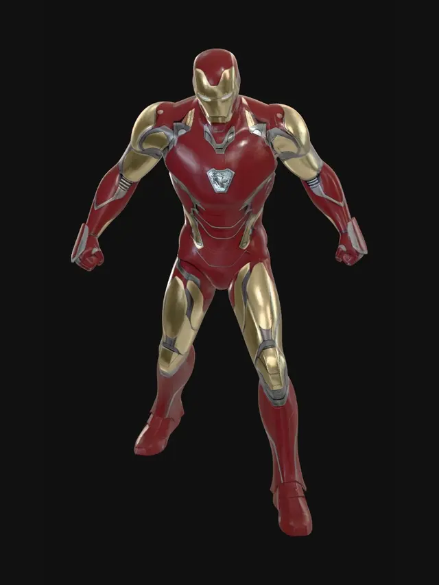 3D model for A superhero in a futuristic robotic power armor suit, full body, glowing chest piece, red and gold metal plating, mechanical joints, heroic pose, white background, studio lighting, highly detailed 3D render