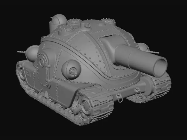 3D model for A chunky tank from the cold war, all curved elements, rounded, rivets, hull lines, giant cannon, many ball turrets, giant treads. Sleek white with black and orange pinstripe. Thick elements. Heavy. Industrial. Crew doors on the sides and hatches on the top.