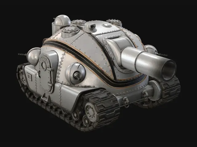 3D model for A chunky tank from the cold war, all curved elements, rounded, rivets, hull lines, giant cannon, many ball turrets, giant treads. Sleek white with black and orange pinstripe. Thick elements. Heavy. Industrial. Crew doors on the sides and hatches on the top.