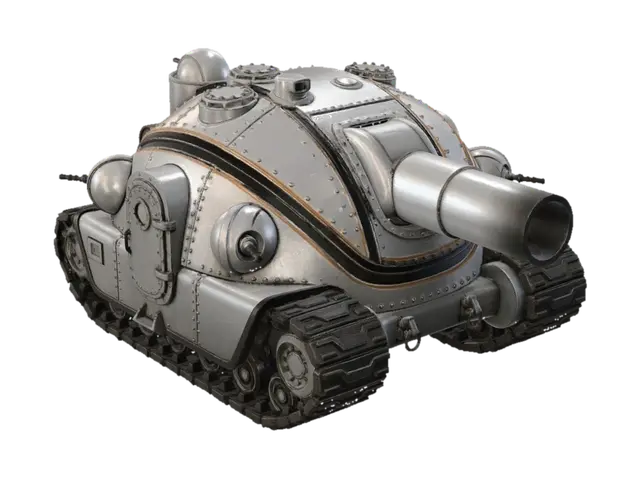 A chunky tank from the cold war, all curved elements, rounded, rivets, hull lines,… - Tracks 3D model, vytvořený pomocí AI