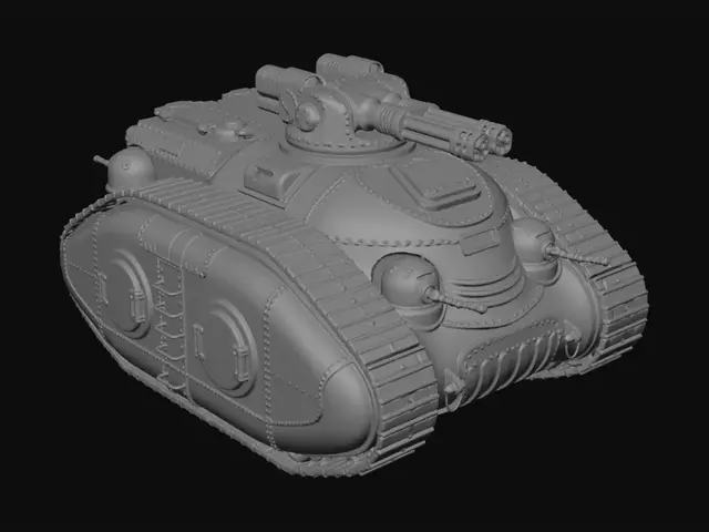 3D model for A chunky tank from the cold war, all curved elements, rounded, rivets, hull lines, chunky quad cannon with cooling cowl, many ball turrets, giant treads. Sleek white with black and orange pinstripe. Thick elements. Heavy. Industrial. Crew doors on the sides and armoured hatches on the top. Angular treads go all around the hull like a mark I.