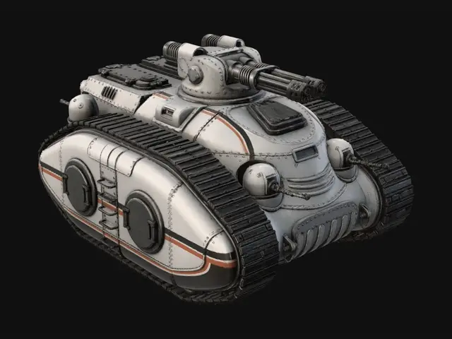 3D model for A chunky tank from the cold war, all curved elements, rounded, rivets, hull lines, chunky quad cannon with cooling cowl, many ball turrets, giant treads. Sleek white with black and orange pinstripe. Thick elements. Heavy. Industrial. Crew doors on the sides and armoured hatches on the top. Angular treads go all around the hull like a mark I.