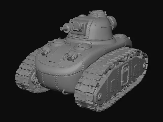 3D model for A chunky tank from the cold war, all curved elements, rounded, rivets, hull lines, chunky raygun cannon with cooling cowl, many rounded, raised hatches with chrome crash guards around them, giant treads. Sleek khaki with black and orange pinstripe. Thick elements. Heavy. Industrial. Crew doors on the sides and armoured hatches on the top. Angular treads go all around the hull like a mark I.