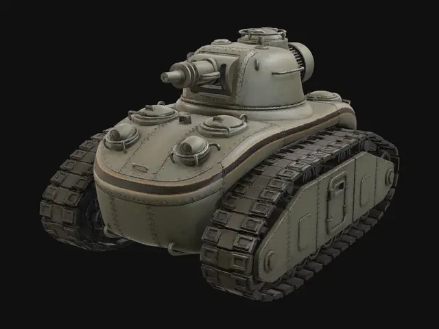 3D model for A chunky tank from the cold war, all curved elements, rounded, rivets, hull lines, chunky raygun cannon with cooling cowl, many rounded, raised hatches with chrome crash guards around them, giant treads. Sleek khaki with black and orange pinstripe. Thick elements. Heavy. Industrial. Crew doors on the sides and armoured hatches on the top. Angular treads go all around the hull like a mark I.