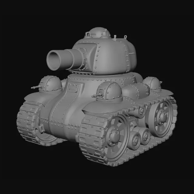 3D model for A chunky tank from WWII, all curved elements, rounded, rivets, hull lines, giant cannon, many turrets, giant treads. Sleek white with black and orange pinstripe. Thick elements. Heavy. Industrial.