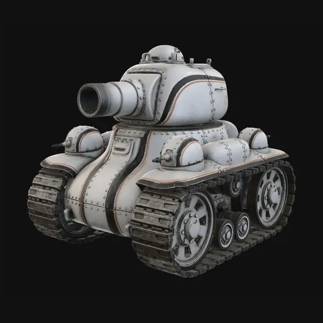 3D model for A chunky tank from WWII, all curved elements, rounded, rivets, hull lines, giant cannon, many turrets, giant treads. Sleek white with black and orange pinstripe. Thick elements. Heavy. Industrial.