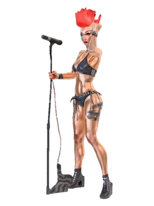 Modello 3D attractive strong female rock singer in bikini mohawk hair style with microphone, generato dall’IA
