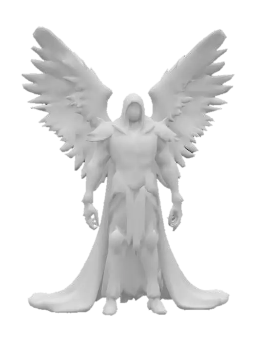 3D model for The mystical figure with large, detailed feathered wings, a dark, flowing robe, and intricately designed armor, presenting a blend of smooth and textured surfaces.